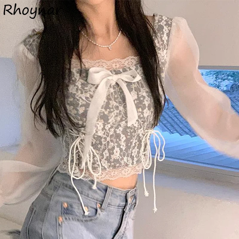 

Blouses Women Lace Slim Sweet Students Kawaii Casual Square Collar Tops Fashion Ulzzang New Flare Sleeve Bow Print College Chic