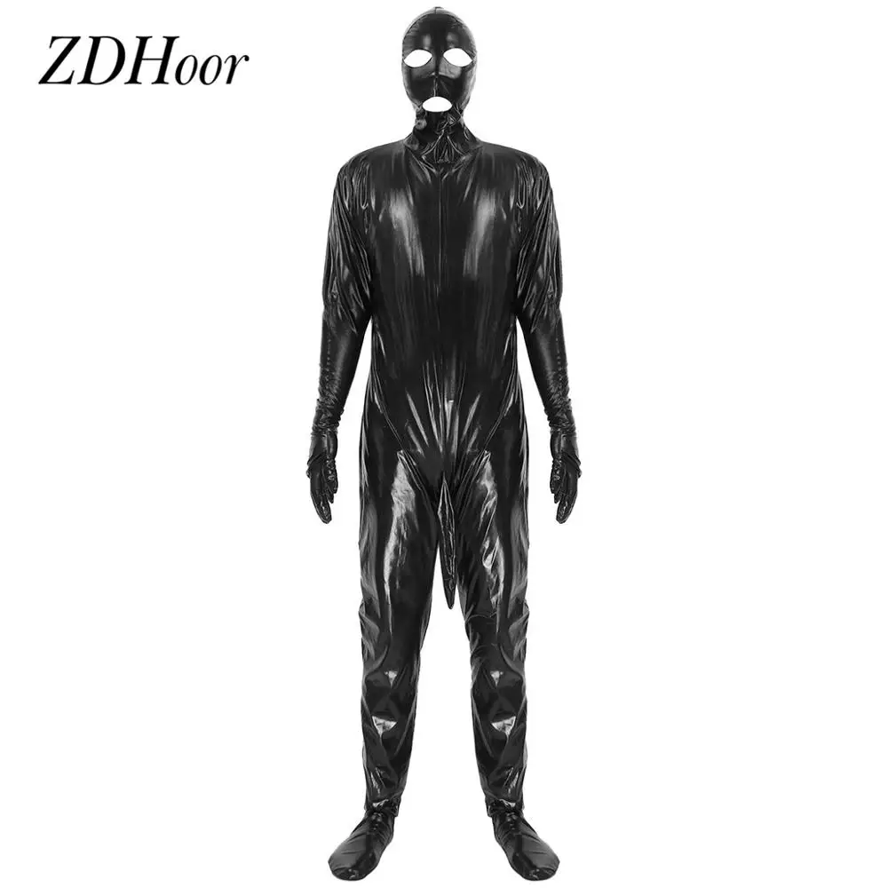 Мужской латексный комбинезон с капюшоном блестящий металлик полностью покрытый