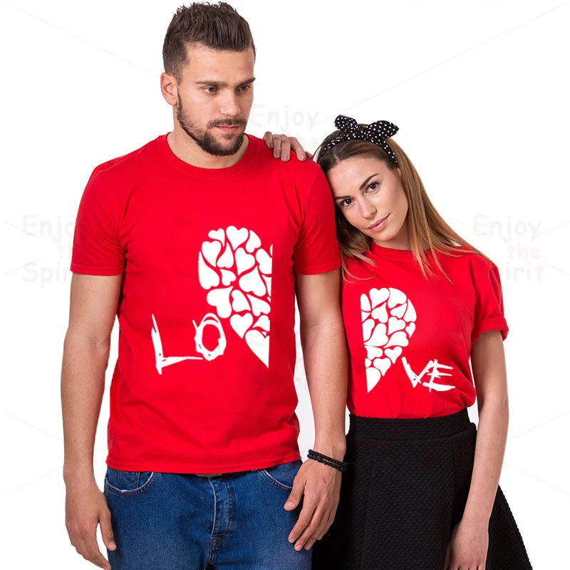 EnjoytheSpirit, новинка, летние забавные парные футболки, наполовину красное сердце, любовь, печать, хлопок, круглый вырез, футболки, крутая, короткий рукав, парная одежда