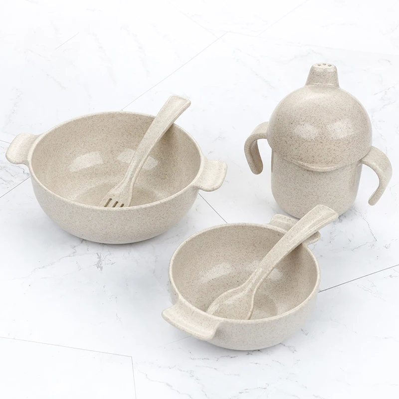 

5PCs/Set Lovely Creativity Beige Wheat Straw Baby Food Supplement Home Kitchen Dining Cooking Tableware Cutlery For Baby Feeding