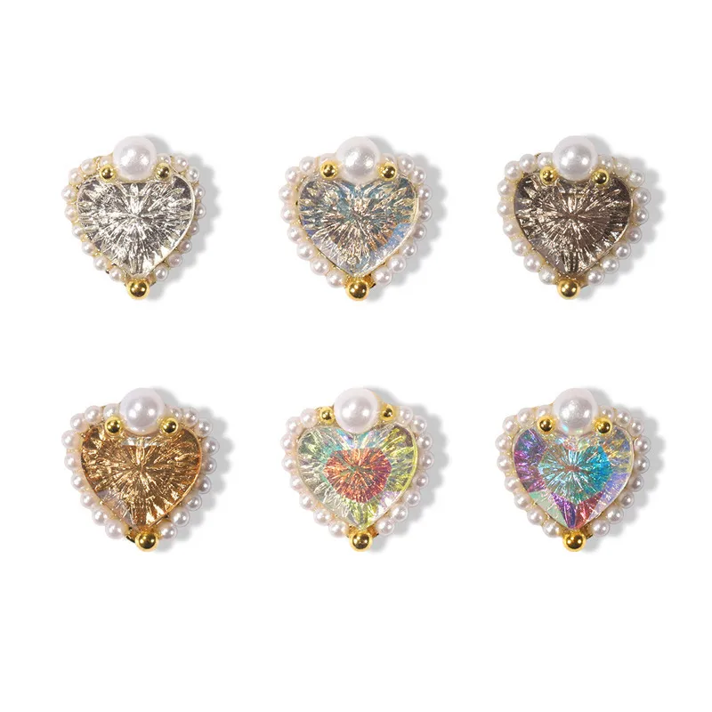 

3D Heart Embossed Pearl Nail Rhinestones Crystal Jewelry Nail Decoration Summer Style Exquisite Nail Accessories
