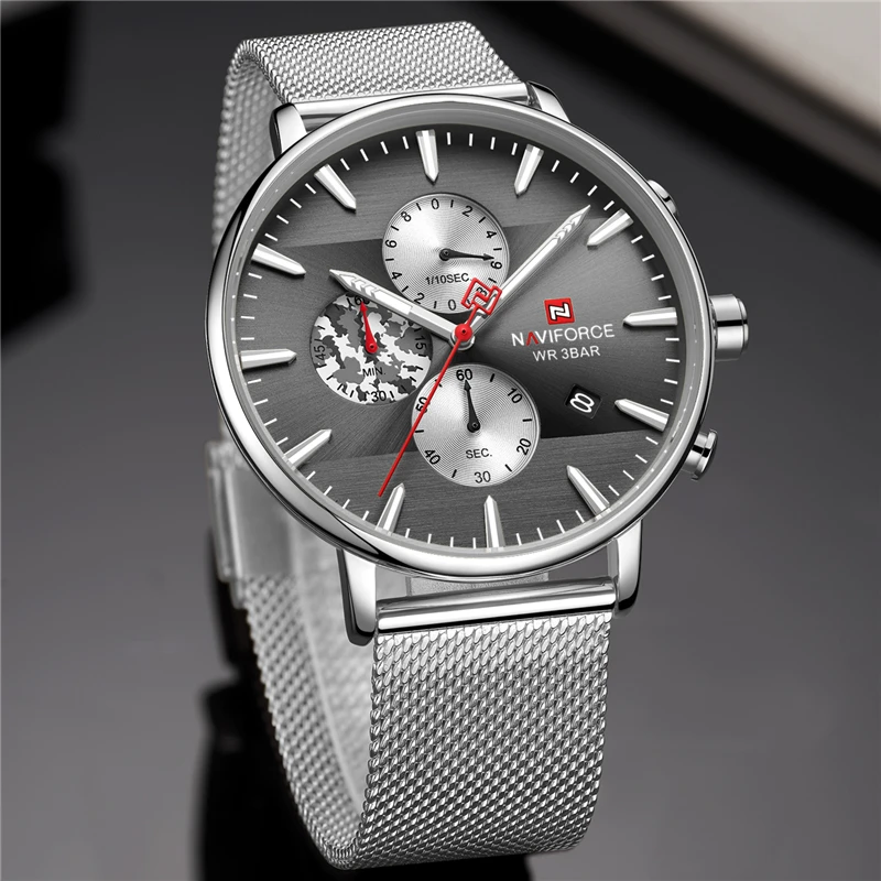 Часы Naviforce мужские спортивные роскошные брендовые кварцевые наручные с сетчатым