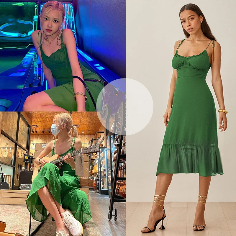 

Kpop IU Seo Yea Ji ROSE Sexy Green Strapless High Waist Lace-Up Dress Women Nightclub Sexy Camisole Backless V-Neck Long Dresses