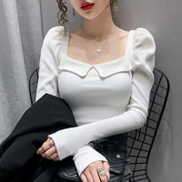 autumn winter top ins vintage french stylet shirt open collarbone square neck long sleeve shirt women tshirt sexy t slim vogue