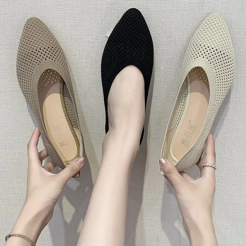 

Knitted Flats Women Slip on Flat Shoes Hollow Out Boat Shoes Pointed Toe Stretch Fabric Ladies Shoes 2020 Autumn Spring 8529N