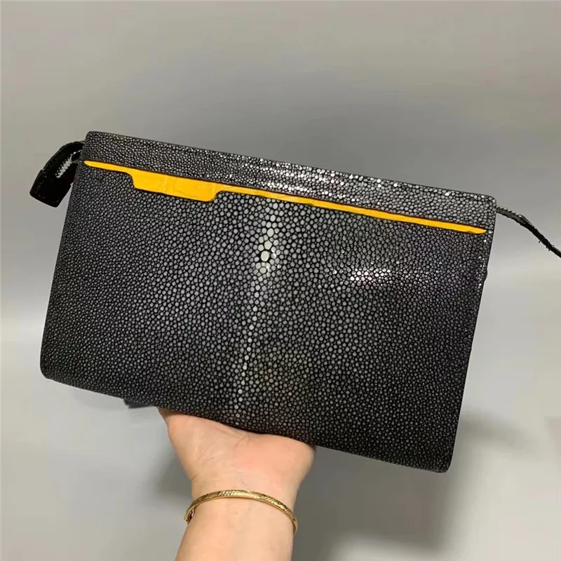 

Authentic Real True Stingray Skin Men's ZIP Envelop Clutch Purse Large Card Holders Genuine Crocodile Leather Male Wristlets Bag