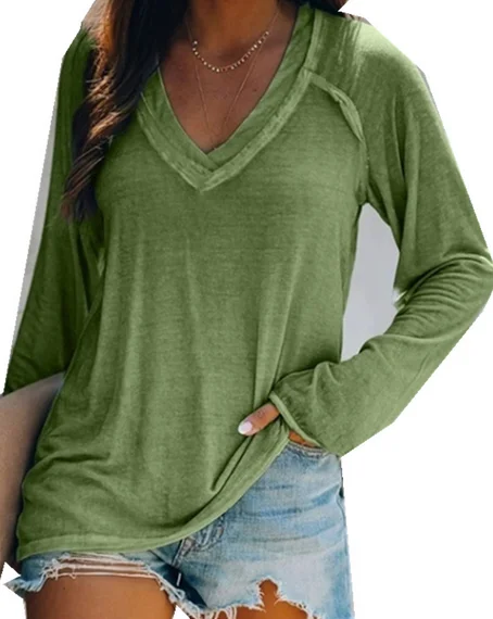 

New women's solid color V-neck T-shirt long sleeve casual loose top