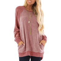 womens round neck long sleeves with pocket stitching cotton and linen series casual loose and comfortable long t shirt