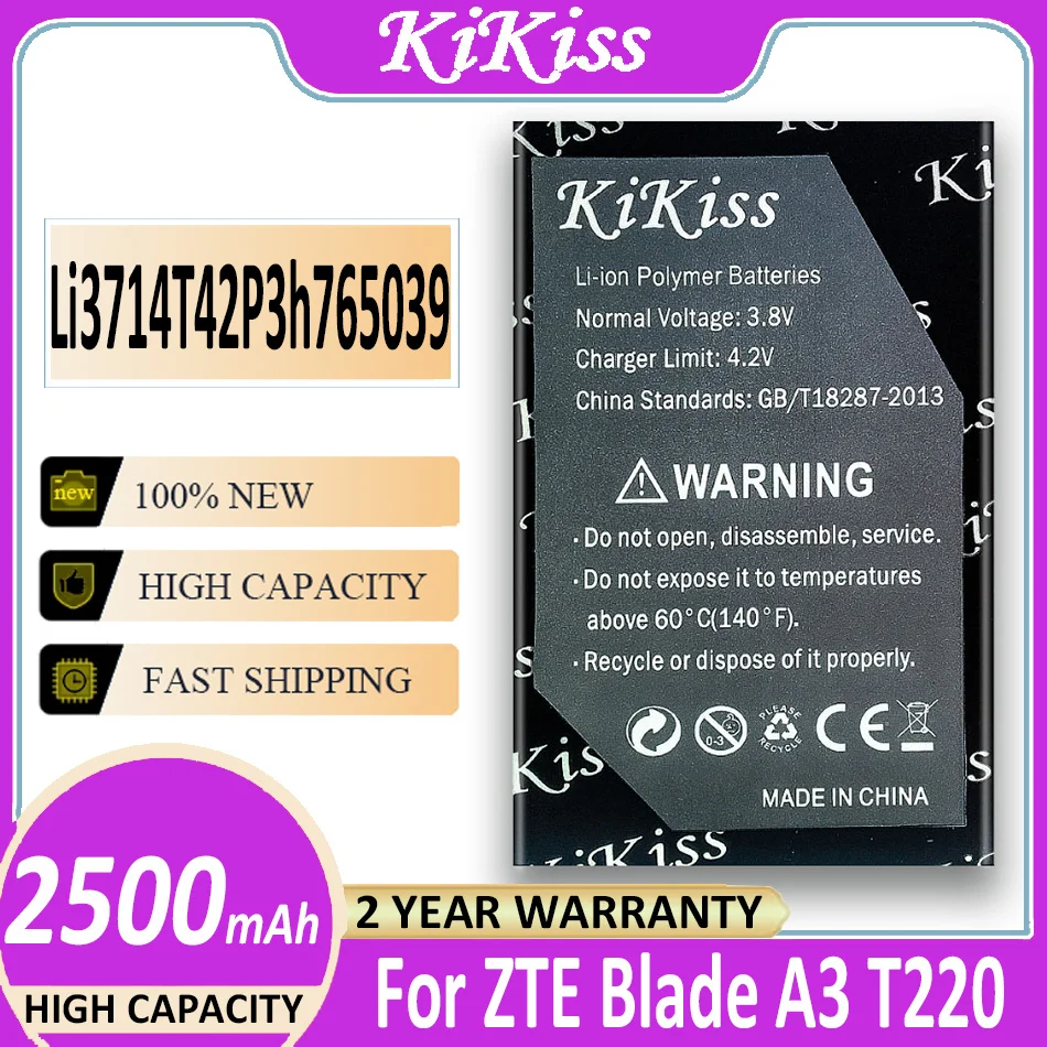 

2500mAh kikiss Battery LI3714T42P3H765039 For ZTE Blade Q3 T230 AF3 T220 A3 T221 A5 AF5 A5 Pro Rechargeable Baterija +Track NO.