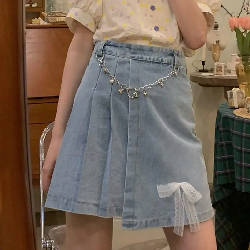 Женская джинсовая юбка летняя Корейская Ретро стиль с бантом высокая талия