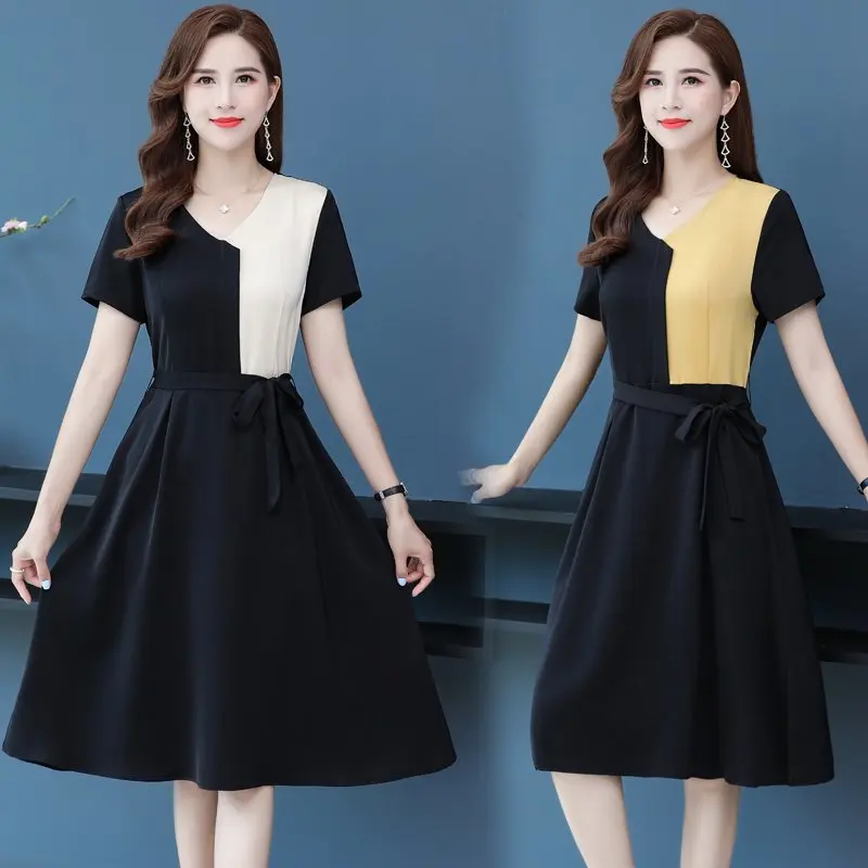 Chiffon Plus Size Summer Patchwork Belt Short Sleeve Knee-Length A-Line Simple Black white yellow Cocktail Dresses