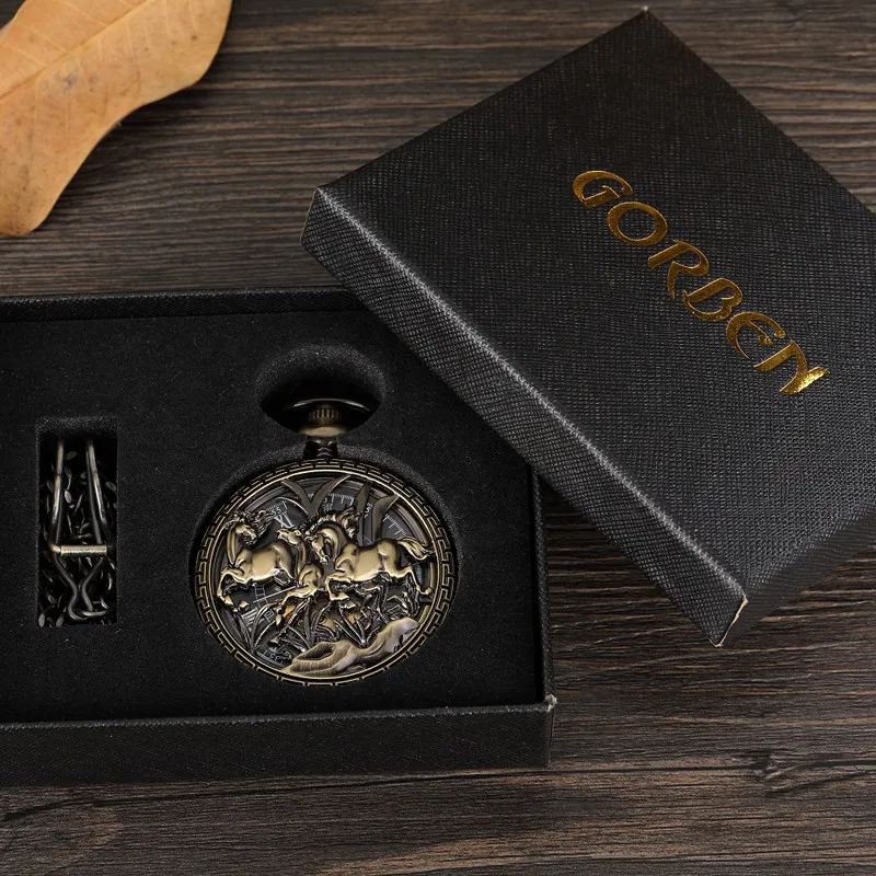 

Retro Hollow Horse Design Pocket Watch Mens Unique FOB Chain Roman Dial Steampunk Bronze Skeleton Mechanical Hand Wind Men Watch