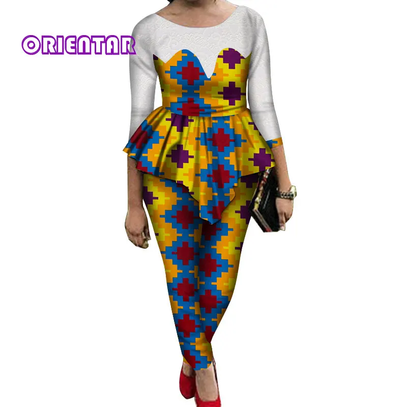 2 Pieces Sets Women African Pants Sets African Wax Print Long Sleeve Lace Tops and Pants Women Bazin Riche African Suits WY689