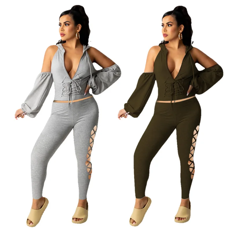 

Autumn Sexy Cold Shoulder Hooded Two Piece Set With Zip Long Sleeve Shaping Lace Up Crop Top Hollow Out Pants Tracksuit Fashion
