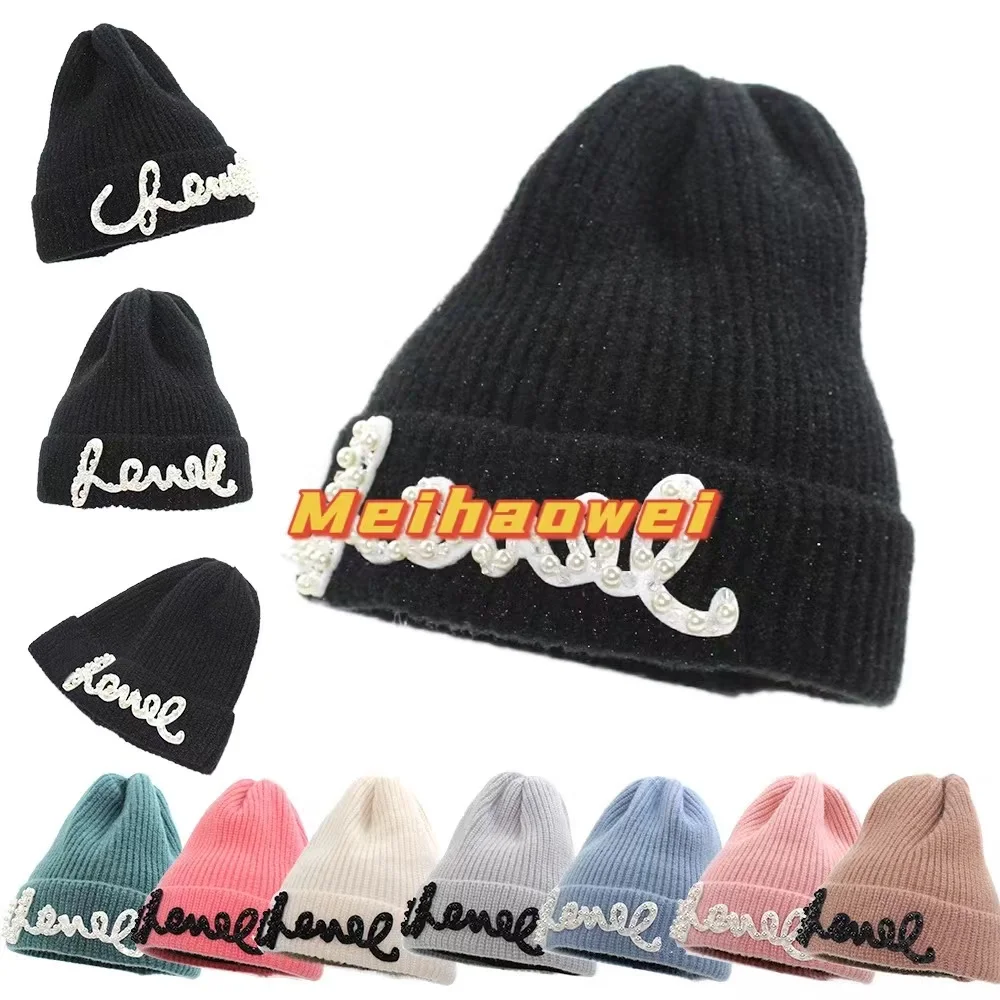 

Вязаная шапка в Корейском стиле для мужчин и женщин, теплая плотная однотонная шапка с жемчужинами и надписями, Осень-зима
