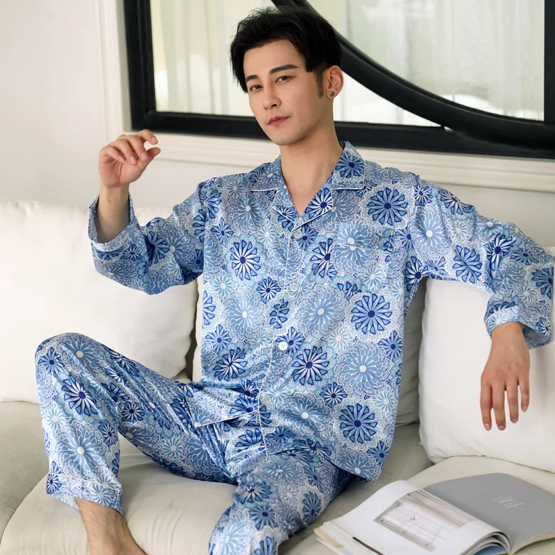 Men's Stain Silk Pajama Set Men's Sleepwears Homme Cozy Satin Nightgown Casual Pajama Men Luxurious Ice Silk Pajamas Long Sleeve