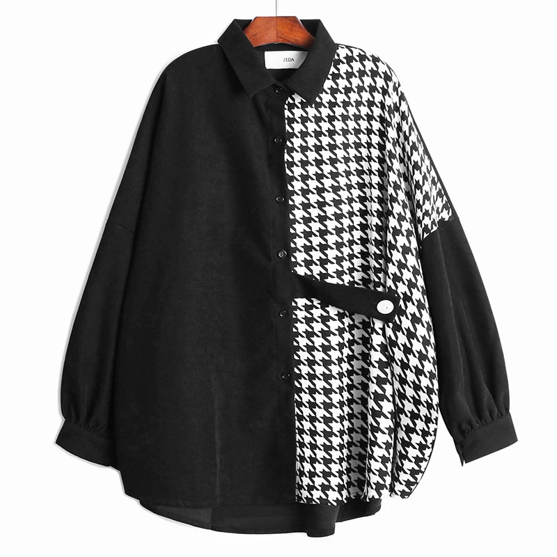 

ZCSMLL Patchwork Plaid Women Blouses Long Sleeve Korean Fashion Loose Big Size Turn-down Collar Autumn Female Shirt 2021 Tide