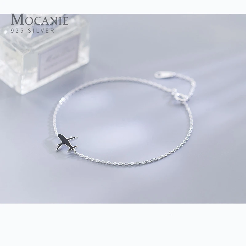 

Mocanie Authentic 925 Sterling Silver Black Enamel Cute Tiny Airplance Bracelet for Women Adjustable Bangle Fine Jewelry Bijoux