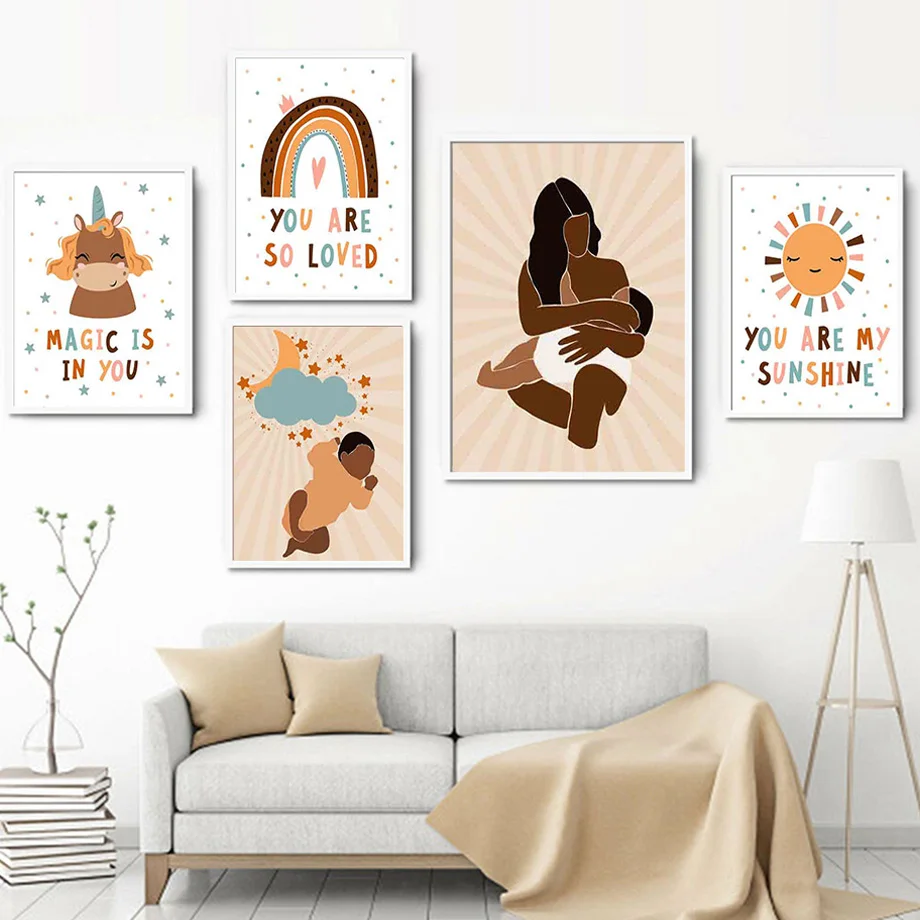 

Mother Child Rainbow Unicorn Sun Moon Baby Room Wall Art Canvas Painting Nordic Posters And Prints Wall Pictures Kids Room Decor