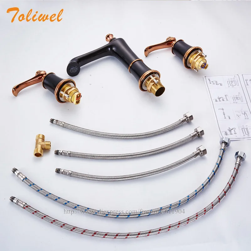 

3PCS Luxury Black Rose Red Bathroom Faucet Vanity Sink Lavatory Basin Sink Faucet Mixer Taps Three Hole 22A1261