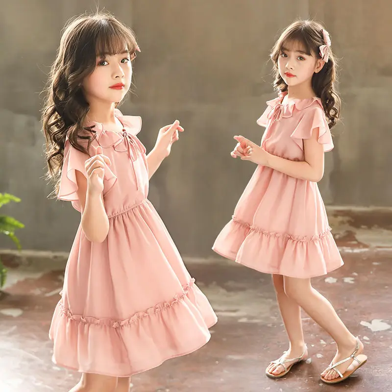 

Шифоновые платья для девочек-подростков, с рукавами с оборками и поясом на резинке, одежда для детей, Новинка лета 2020