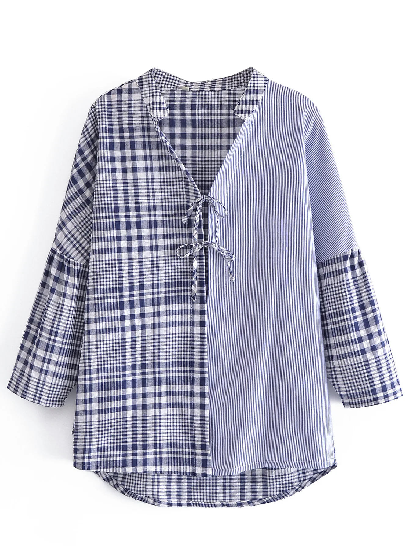 

Summer Women's Fashion Asymmetrical Stitching Plaid Striped Loose Cotton Shirt