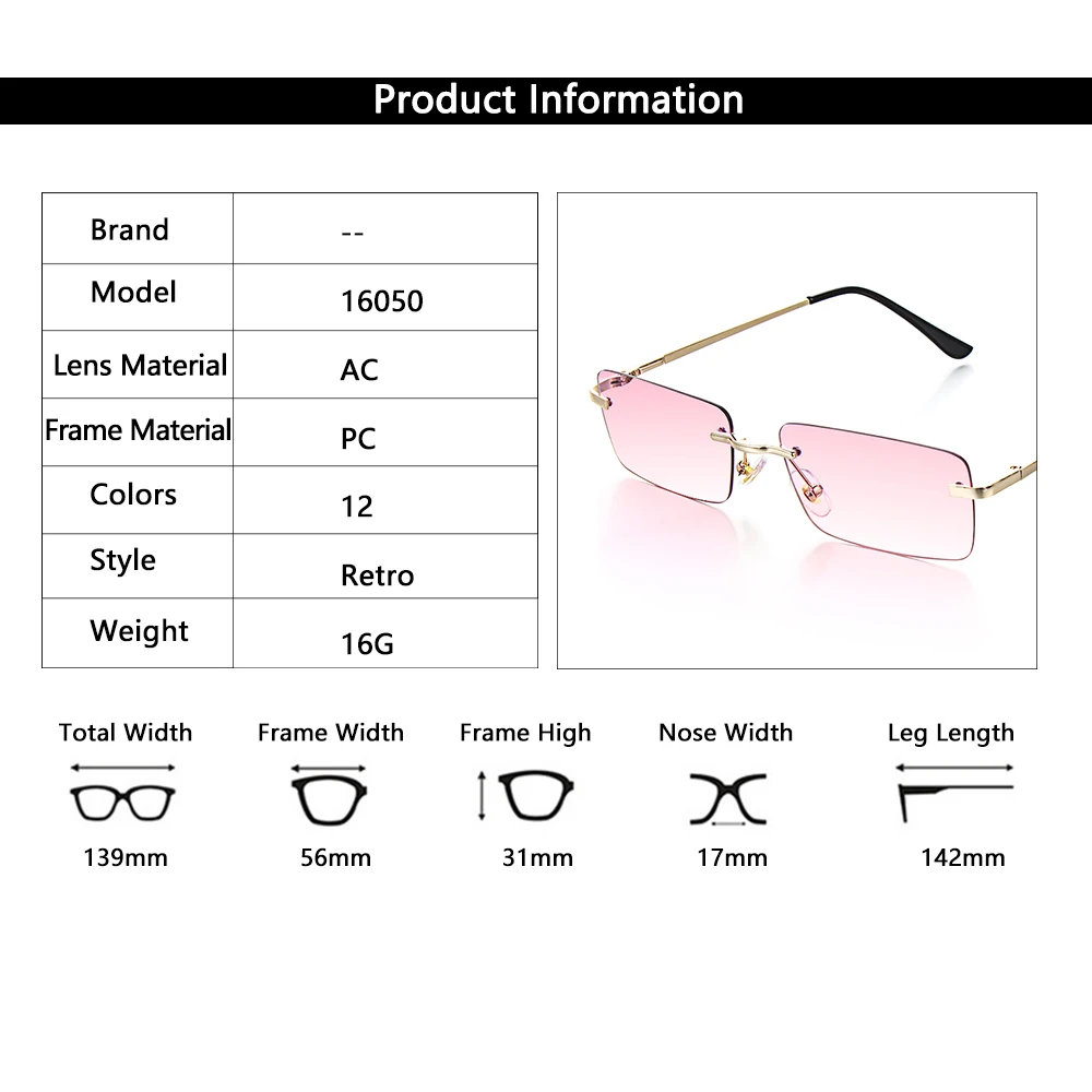 

Luxury Design Rimless Sunglasses for Men Women Small Rectangle Sun Glasses Summer Trendy Style UV400 Square Shades Eyewear