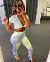 summe tie dye print two piece set women deep v neck crop top and high waist pencil stacked pants 2021 summer casual tracksuit