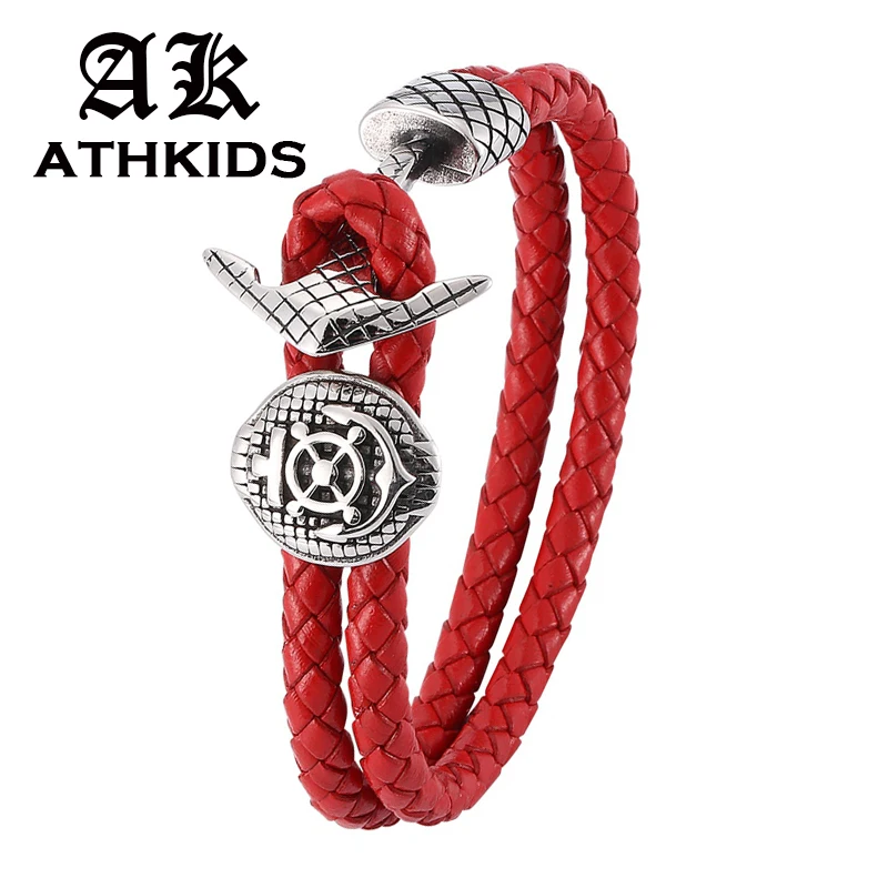 Винтажный морской щит двухслойный красный плетеный кожаный браслет из