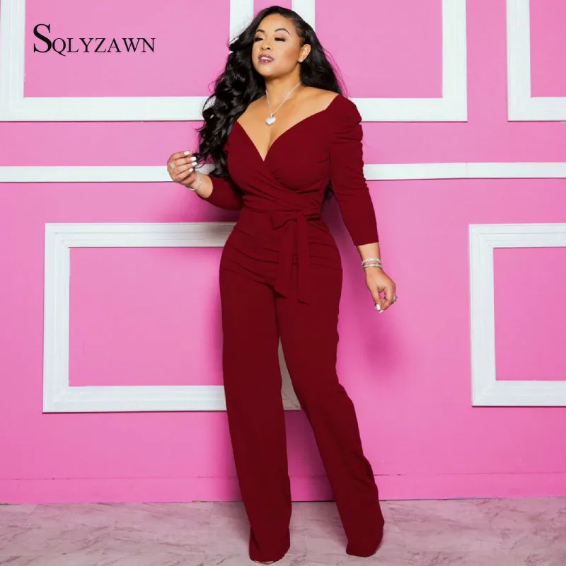 Женский винтажный комбинезон с поясом элегантный Облегающий V образным вырезом