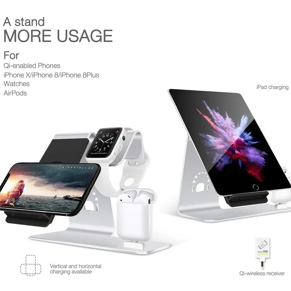 3-in-1 wireless charger mobile phone holder and iPhone charging station, Qi fast charger base, compatible FOR iPhone X / 8 Plus