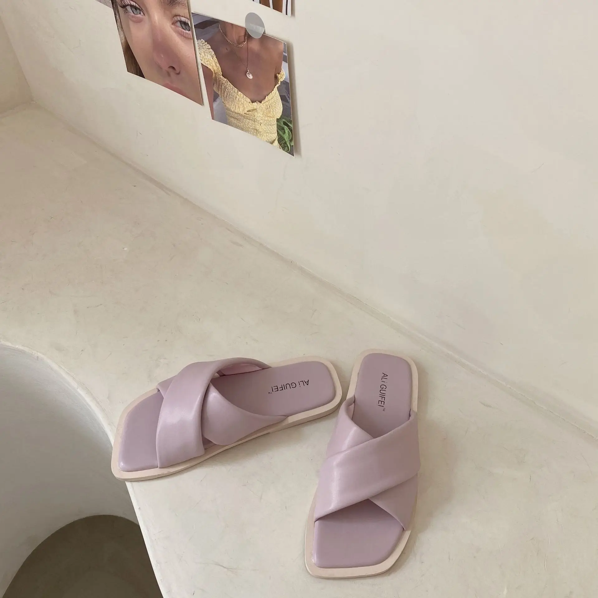 

Square Toe Female Shoes Slippers Casual Slides Low 2021 Luxury Flat Summer Soft Hoof Heels Fabric Basic Rome Leisure PU Rubber