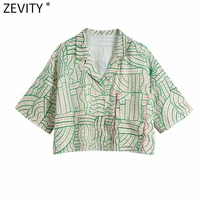 zevity women vintage geometric print short kimono blouse female short sleeve casual pocket shirt chic leisure blusas tops ls9497