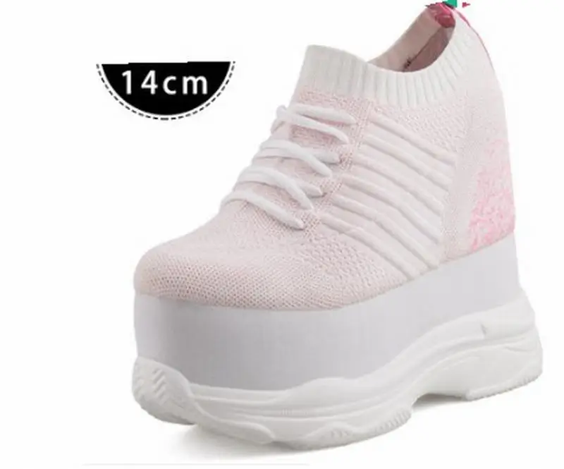 white 14cm Cyabmoz/женские кроссовки на высоком каблуке, увеличивающие рост; дышащая обувь на платформе; женская повседневная обувь; Tenis feminino - Цвет: white 14cm