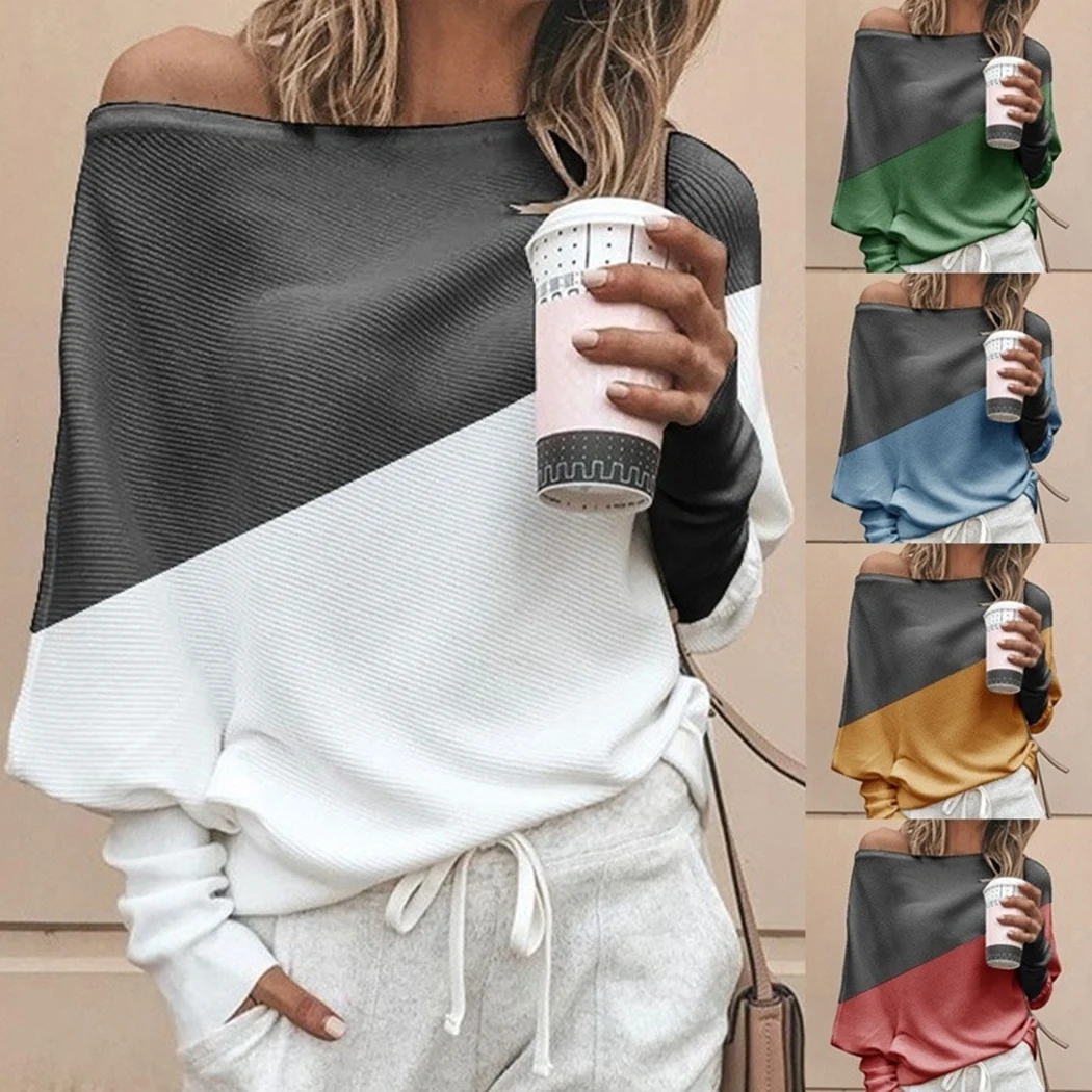 Plus Size Women Batwing Sleeve Sweater Autumn Off Shoulder Knitted Sweaters Pullover Tops Ladies Patchwork Loose Jumper Knitwear | Женская