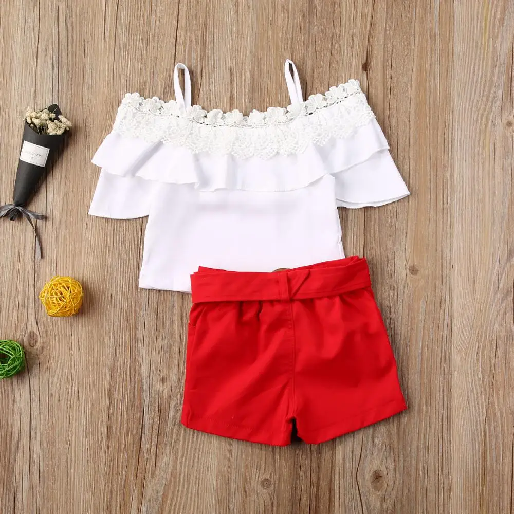 

2020 Baby Summer Clothing 2Pcs Toddler Kid Baby Girl Clothes Strap Top Lace Shirt Shorts Lace Off Shoulder Outfit Set 6M-5T