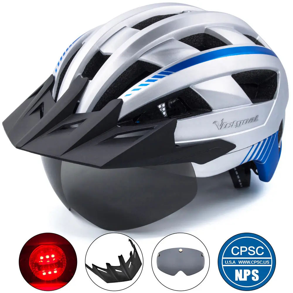Silver Helmet Victgoal MTB велосипедный шлем для мужчин дышащие велосипедные шлемы светодиодный светильник солнцезащитный козырек поляризационные очки дорожный горный велосипед шлем - Цвет: Silver Helmet