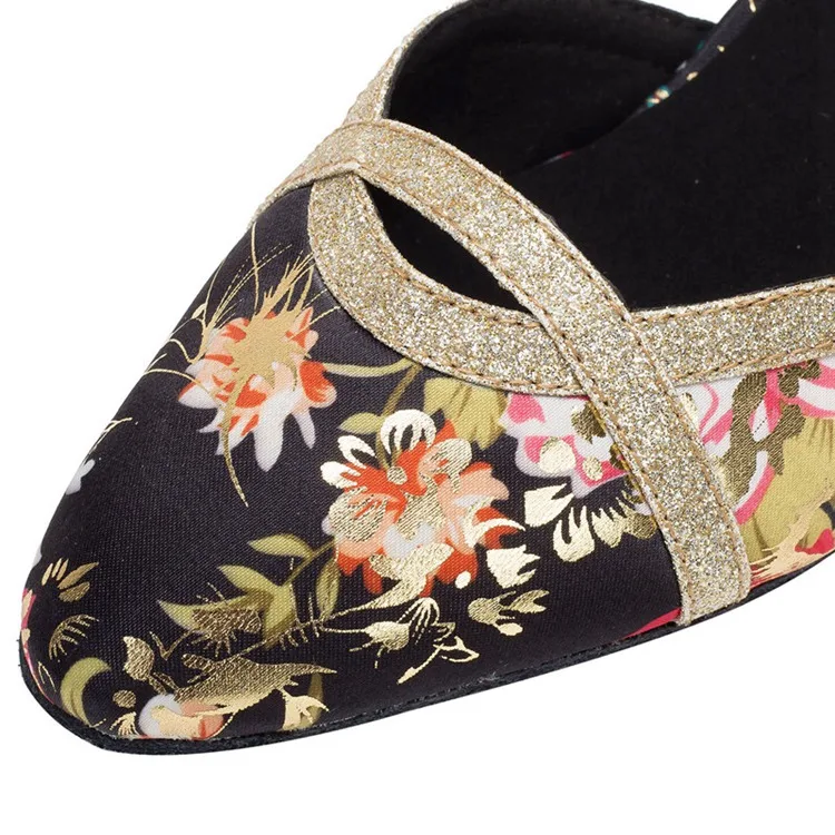 Женские латинские танцевальные туфли HXYOO Jazz Salsa с заостренным носком из сатина на мягкой подошве с цветочным узором черного и золотистого цветов CW008.