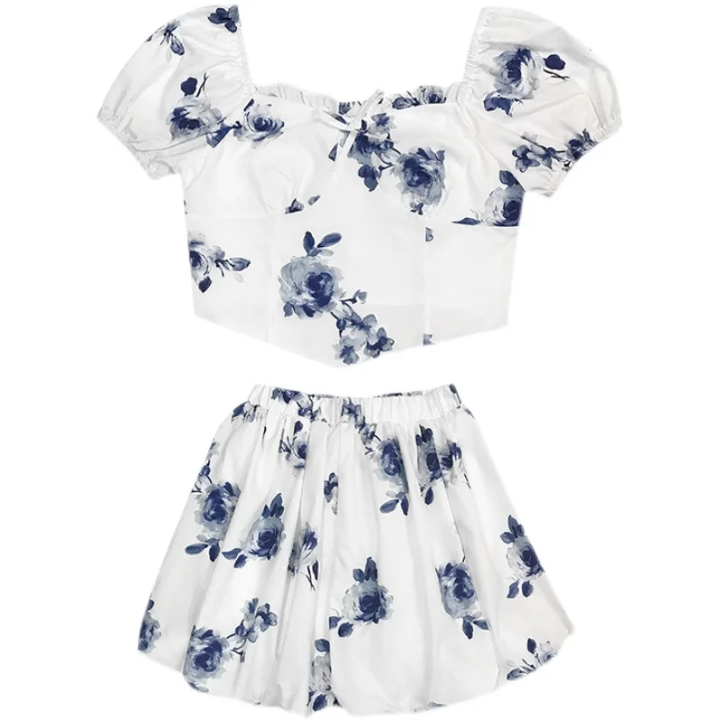 

Korejepo Two Piece Set 2021 Summer New Sweet Temperament Floral Printed Square Collar Short Tops Elastic Waist Bud Female Suit