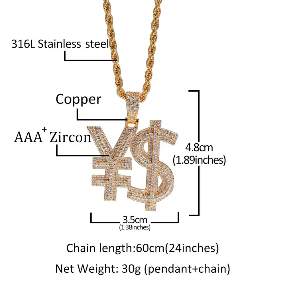 

Hip Hop High-Quality Gold Color AAA+ Cubic Zircon Stone USD & RMB $ Pendants Bling Long Link Chain Necklace for Women Men