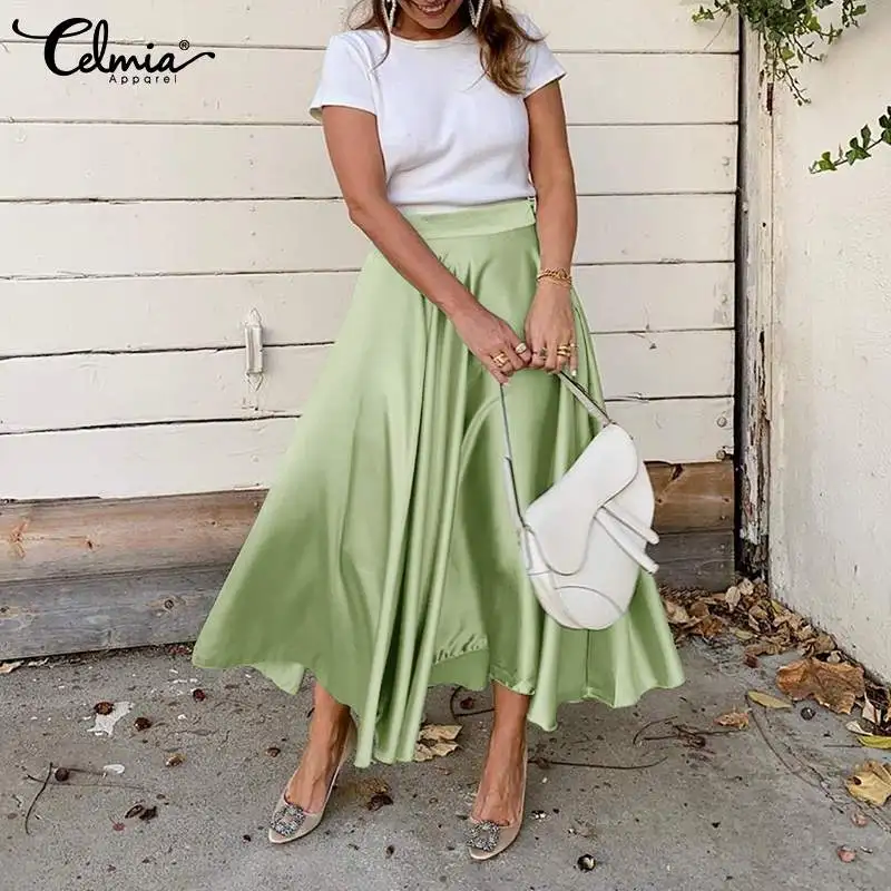 

Fashin Stain Maxi Skirt Celmia Women Elegant High Waist Loose Swing A-line Skirt Summer Casual Streetwear Party Long Skirt S-5XL