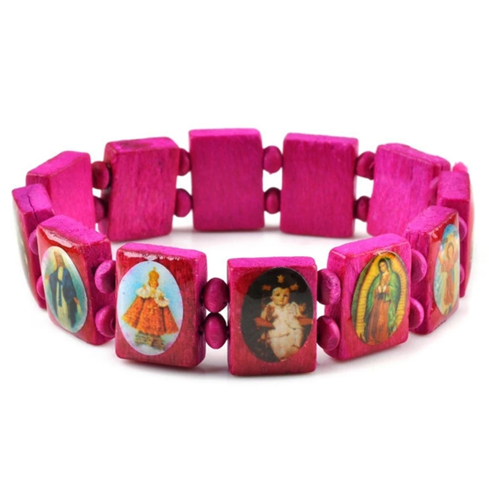 Wholesale 16Pcs/lot Multicolor Jesus Wood Bracelets Women Men Colorful Wooden Saints Rosary Religious For Best Friends Gift | Украшения и