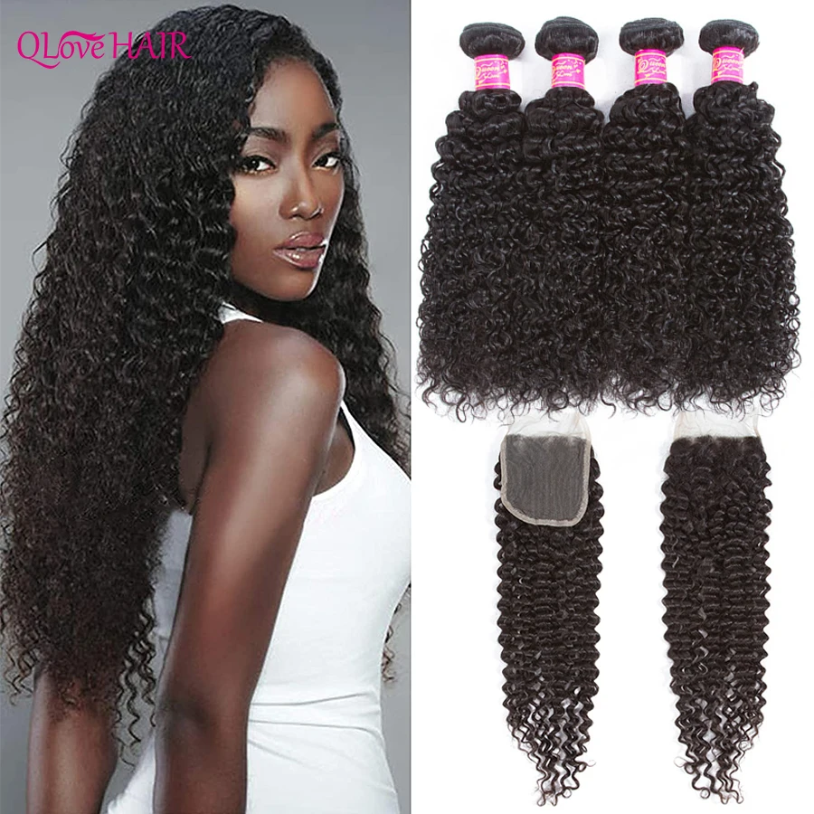

Qlove Hair 8-30 Inch Kinky Curly Bundles With Lace Closure Brazilian Human Hair 4 Bundles Weave Remy Hair Bundles With Closure
