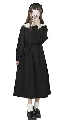 Женское винтажное платье с круглым воротником зимнее черное длинное лолиты
