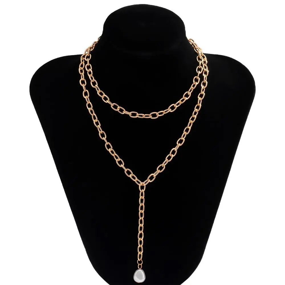 

IngeSight.Z 2Pcs/Set Multi Layered Gold Color Link Chain Imitation Pearl Pendant Necklace for Women Retro Long Necklaces Jewelry