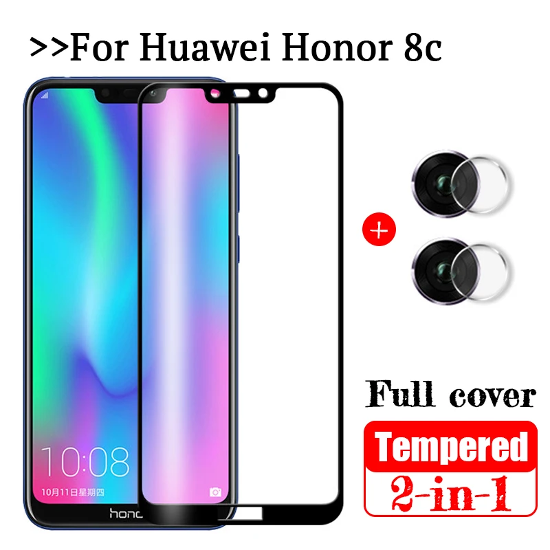 Закаленное стекло 2 в 1 для Huawei Honor 8C защитное с полным покрытием объектива камеры