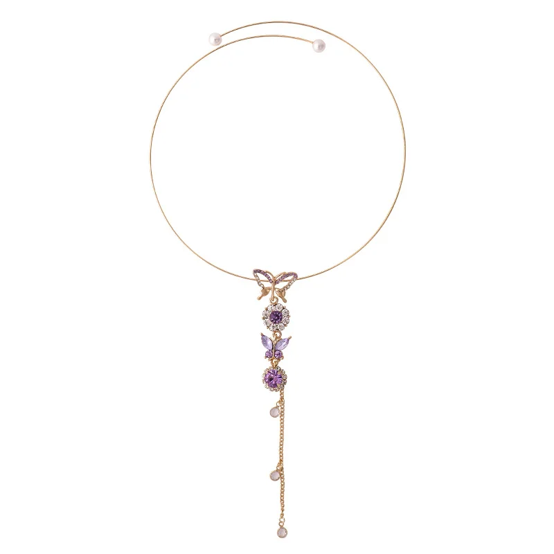 

New Trendy Long Tassel Purple Crystal Butterfly Pendants Choker Necklace Clavicle Chain Female Collar Party Jewelry Wholesale
