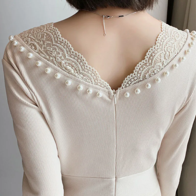 

Autumn Women Elegant Midi Knitted Long Sleeved Slim Dresses Ladies Casual Pencil