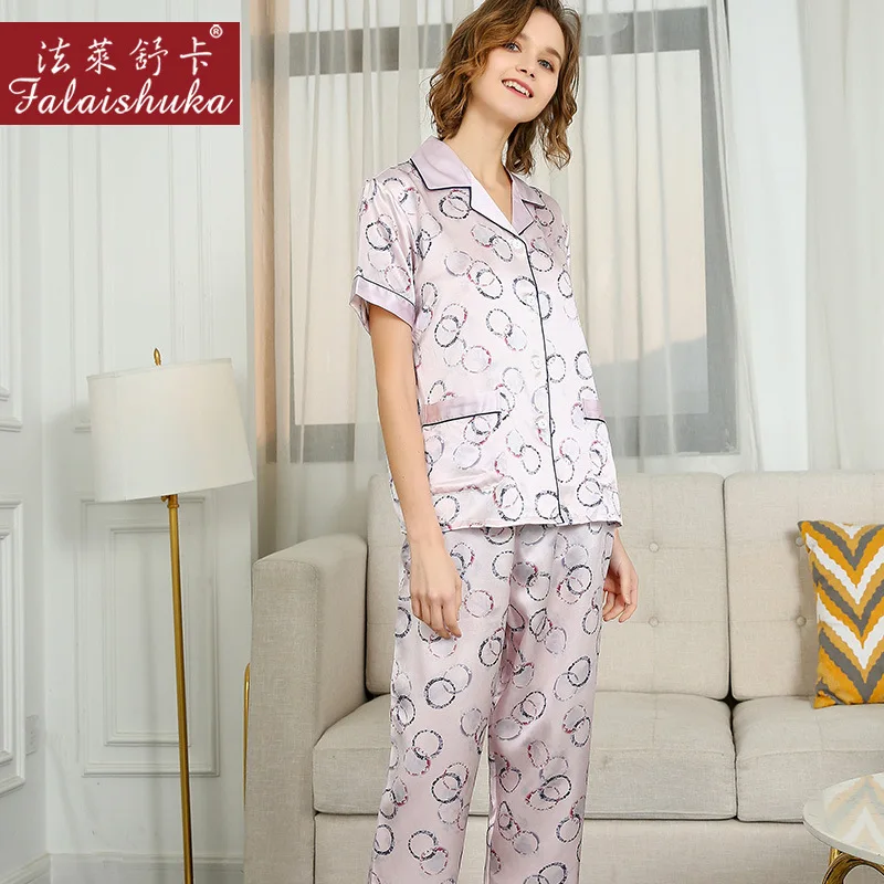 100% Natural Silk Pajama Sets Female Summer Real Silkworm Silk Sleepwear Short Sleeve Long Pants Printed Women Pyjamas T8237