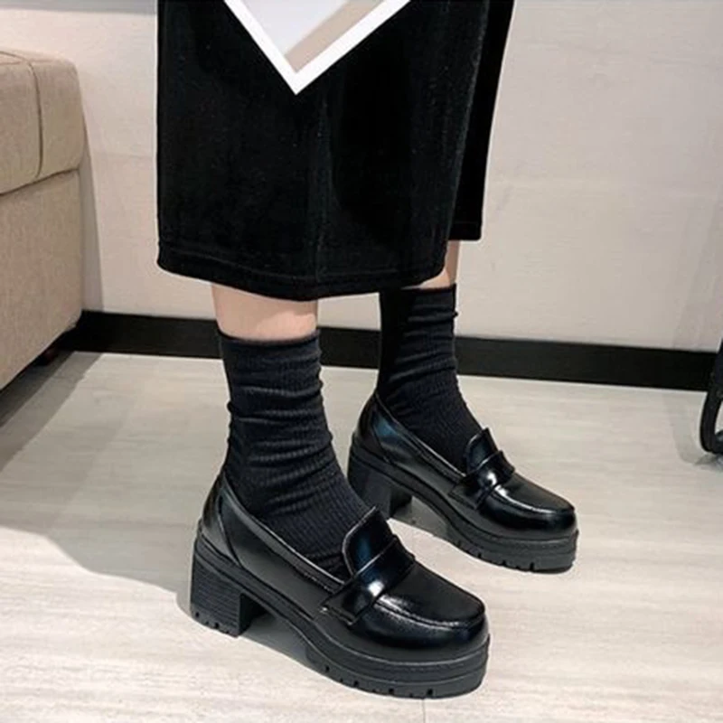 

Женские лоферы из искусственной кожи на высоком каблуке, модель 2021 года, массивные туфли на платформе, женские туфли-лодочки, дизайнерская о...